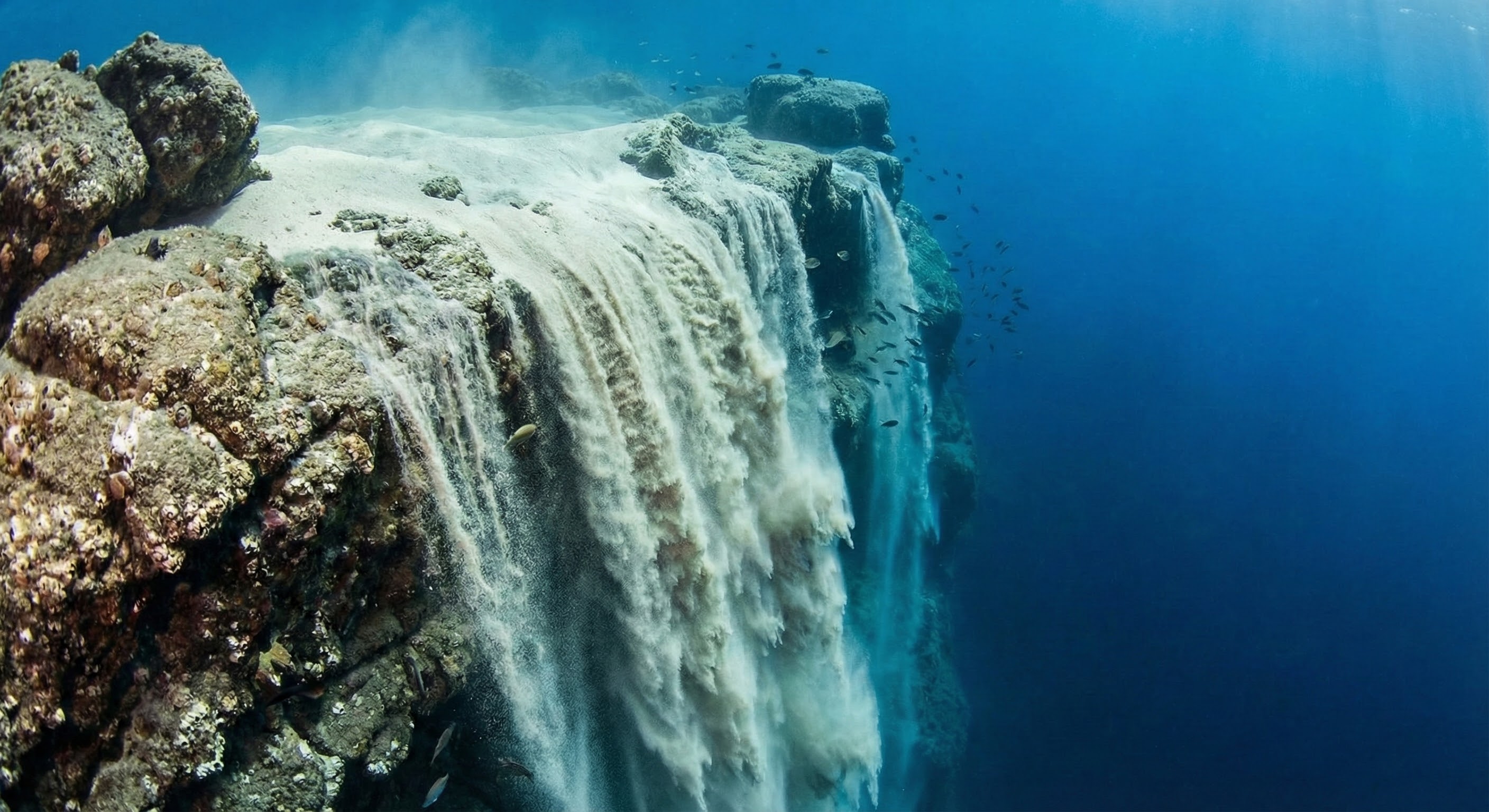 Underwater sand falls cascading at Pelican Rock Cabo San Lucas